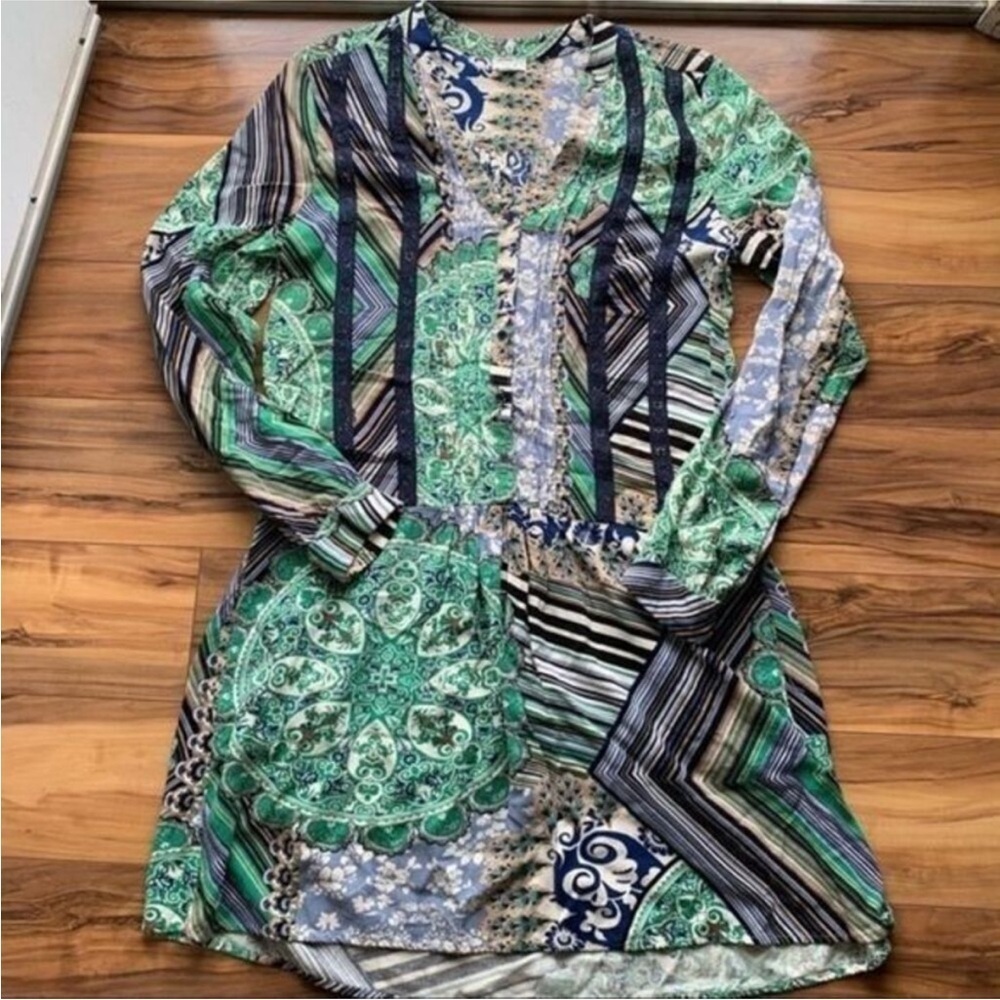 Tiny Anthropologie drop Waist Bohemian Green and Blue Patterned Dress S